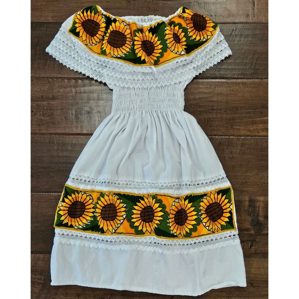 VIBRANT FOLKLORE Mexican Sunflower‎ Off Shoulder Peasant Dress Smocked Boho M